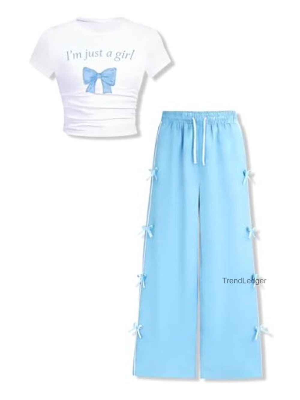 Girls 2 Piece Outfit Short Sleeve Graphic Tee & Bow Knot Pants Set